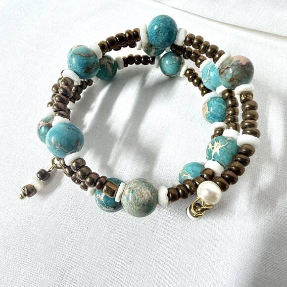 REIMAGINED Variscite, Shell & Glass Bead Memory Wire Bracelet – Boho Wrap Bangle - Picture 2 of 6